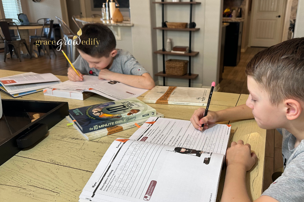 Christian homeschool boys studying grammar and writing with Language Lessons for a Living Education Level 6 curriculum