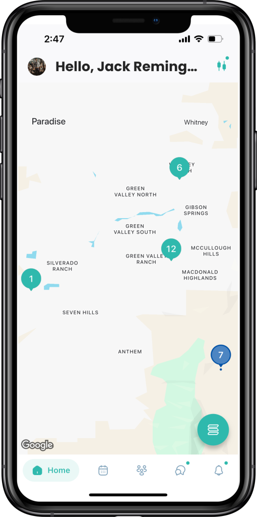 Screenshot of the BaseCampEd app showing a map of nearby homeschool families and groups on an iPhone screen.