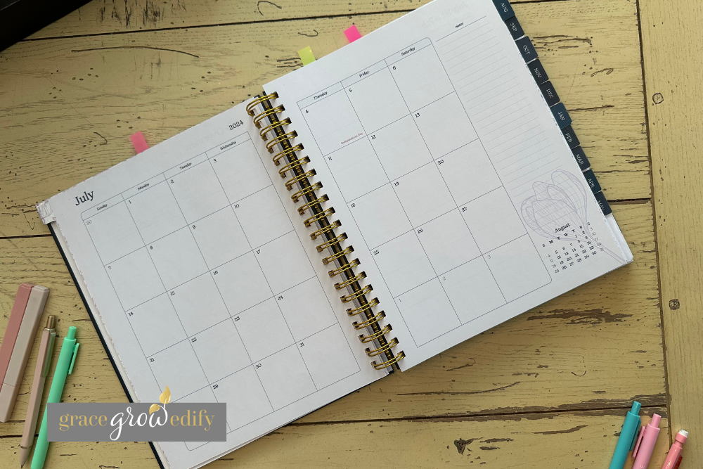 Monthly calendar layout inside The Well Ordered Homeschool Planner with plenty of space for homeschool lesson planning and scheduling.